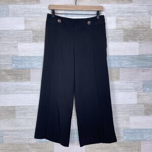 LOFT Fluid Crop Button Tab Pants Black Mid Rise Wide Leg Ponte Stretch Womens 0